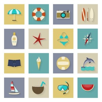 Beach vacation and travel flat icons set vector graphic illustration. Beach vacation and travel flat icons set with shadows