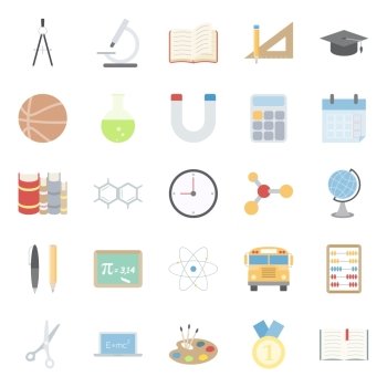 Education and school color flat icons set vector graphic illustration. Education and school color flat icons set
