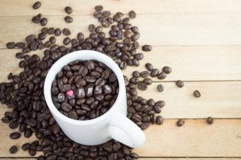 Coffee beans in white mug and wood background
