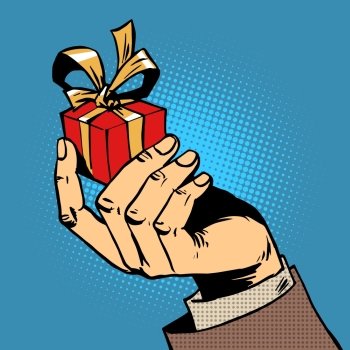 The gift in his hand a small box pop art comics retro style Halftone. Imitation of old illustrations.. gift in his hand a small box pop art comics retro style Halftone