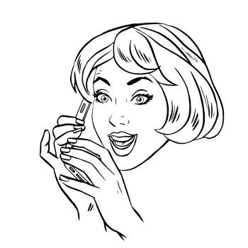 Young woman talking on smartphone retro line art graphics. Young woman talking on smartphone retro line art 
