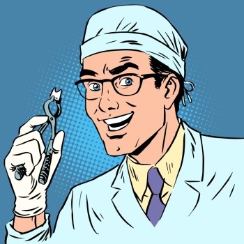 Funny dentist pulled out a tooth pop art retro comic. Funny dentist pulled out a tooth. Pop art retro comic book. Male health medicine