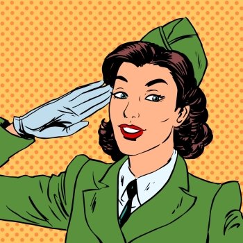  Woman pilot stewardess shape salutes art comics retro style Hal.  Woman pilot stewardess shape salutes art comics retro style Halftone. Imitation of old illustrations
