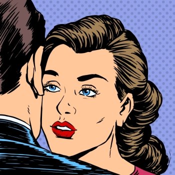 Woman hugging man with the sad face parting love Dating sadness . Woman hugging man with the sad face parting love Dating sadness pop art retro style