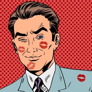 Traces of a kiss on the man face pop art retro. Traces of a kiss on the man face pop art retro style