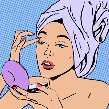Woman morning after a shower do makeup  style art pop retro. Woman morning after a shower do makeup  Halftone style art pop retro vintage. The lady in the towel on his head he looks at the mirror powder and applied the makeup on your face