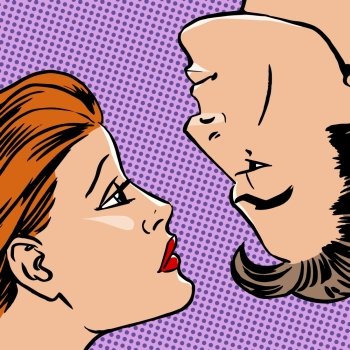Girl and boy face love of youth beauty style art pop. Girl and boy face to face the love of youth beauty Halftone style art pop retro vintage