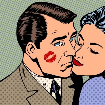 Sad man with traces of a kiss on the face and woman style art po. Sad man with traces of a kiss on the face and a woman Halftone style art pop retro vintage. The man pressed face to face women. Love and parting