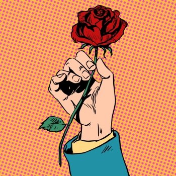 Flower red rose in his hand men love Bud art pop retro vintage. Flower red rose in his hand men love Bud Halftone style art pop retro vintage