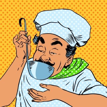 chef tastes food kitchen. The chef tastes the food in the kitchen. Adult male professional prepares the dish. Tastes a sauce or soup ladle