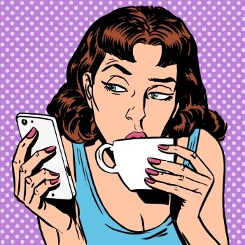 Tuesday girl looks at smartphone drinking tea or coffee. Lunchtime morning the rest of the evening