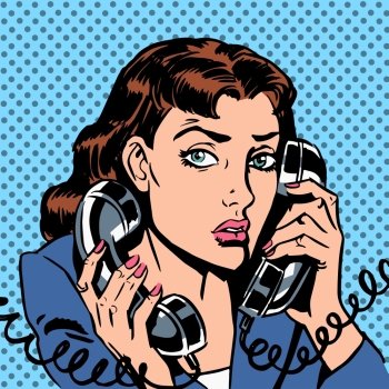 Wednesday girl on two phones running bond Secretary office Manager. The Manager answers the phone load stress