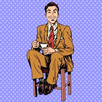 Man drinking tea sitting on the stool. Man he sits smiling childishly, putting his feet on the step