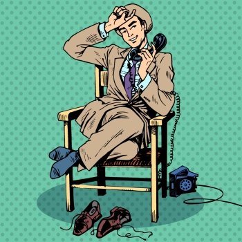 Tired man sits chair talking phone. Tired man sits on a chair and talking on the phone. Call technology communication