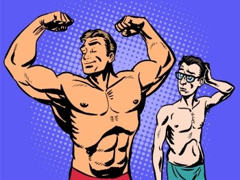 Bodybuilder and thin man sport fitness. Bodybuilder and thin man is the sport of fitness. Retro style pop art humor