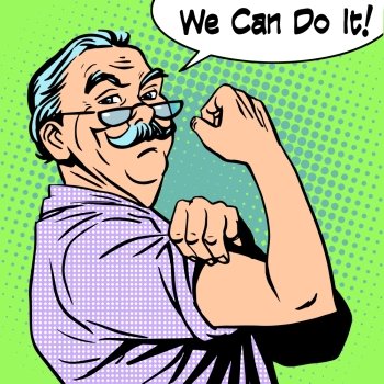 Grandpa old man gesture strength we can do it. Grandpa the old man gesture strength we can do it. Power protest retro style pop art