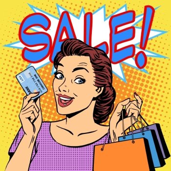 woman purchases discounts credit card sale. A woman purchases discounts credit card sale. Goods shops buyer girl retro style pop art