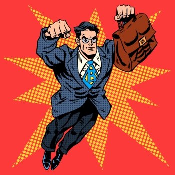 Businessman superhero work flight business concept retro style p. Businessman superhero work flight business concept retro style pop art. A grown man in a business suit. The image of bravery and courage. Retro style pop art