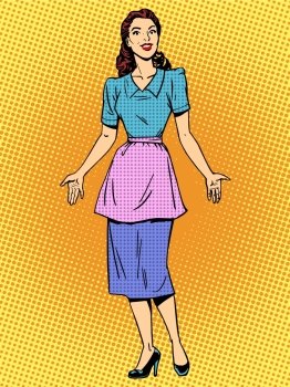 Friendly housewife beautiful woman retro style pop art. Friendly housewife beautiful woman retro style pop art. Young girl in casual clothes encounters. Wife or mother