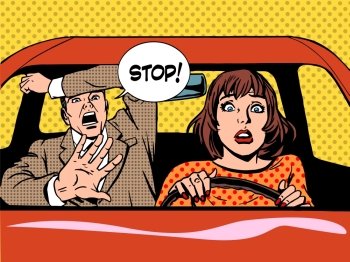 stop woman driver driving school panic calm. woman driver driving school panic calm retro style pop art. Car and transport