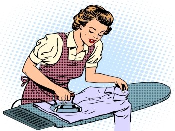 Woman housewife wife stroking his shirt iron homework. Woman housewife wife stroking his shirt iron homework. Home electrical appliances. Retro style pop art. Comfort care family love
