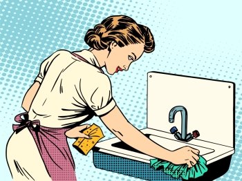 woman cleans kitchen sink cleanliness housewife housework comfor. woman cleans kitchen sink cleanliness housewife housework comfort retro style pop art