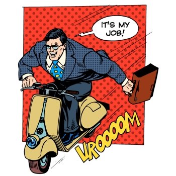 Businessman rushing to work on a scooter retro style pop art business business concept