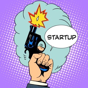 business concept startup starting pistol. business concept startup starting pistol retro style pop art