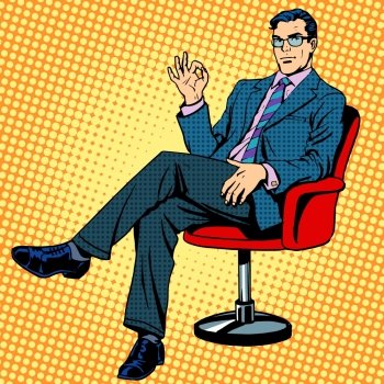 Businessman sitting in an armchair gesture okay pop art retro style. Businessman sitting in an armchair gesture okay