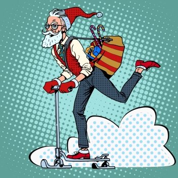 Hipster Santa Claus spreads the Christmas gifts on a scooter sled pop art retro style. Hipster Santa Claus spreads the Christmas gifts on a scooter sle