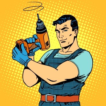 Repair work with a drill pop art retro style. Male professional homework. Repair work with a drill