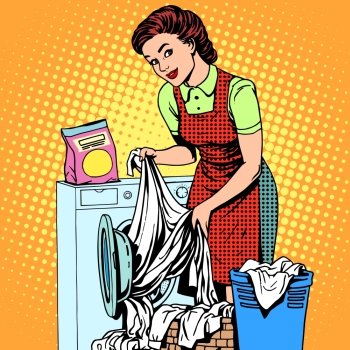 A woman washes clothes in a washing machine pop art retro style. Housewife doing the housework. Clean and tidy. woman washes clothes washing machine