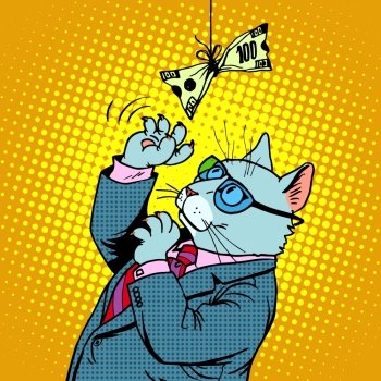 Business cat and money. Businessman character animal the concept of financial success pop art retro style. Business cat and money