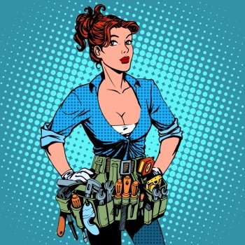 Woman working repairman electrician. Beautiful pin up girl pop art retro. woman working repairman electrician