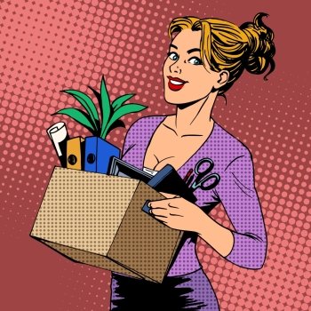 New job business lady comes to the office pop art retro style. Career job search. New job business lady comes to the office