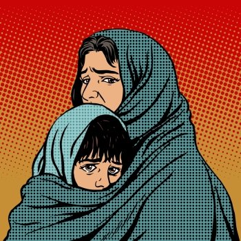 Refugee mother and child migration poverty. Eastern family. Woe to the tragedy of human emotions. Political and social theme. Refugee mother and child migration poverty