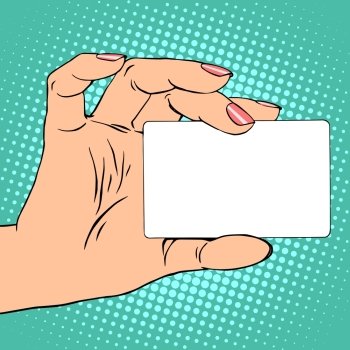 Business card or credit card in female hand pop art retro style. Business or credit card in female hand