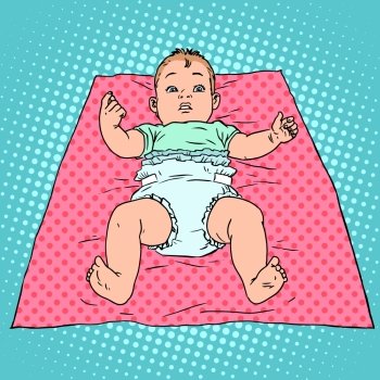 Surprised baby in a diaper. Childhood and child care. Pop art retro style. Surprised baby in diaper