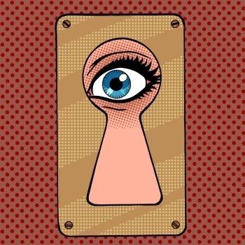 Look through the keyhole snooping and curiosity pop art retro vintage style. Look through the keyhole snooping and curiosity