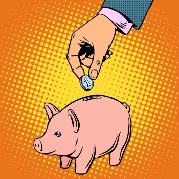 Piggy Bank contribution money pop art retro style. Banking Deposit business concept. Piggy Bank contribution money
