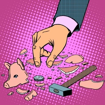 broken piggy Bank with money pop art retro style. People smashed with a hammer pig figurine. broken piggy Bank with money