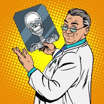 doctor surgeon x-rays skull. Medicine and health pop art retro style. doctor surgeon x-rays skull