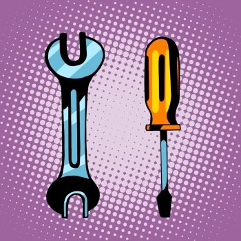 Tools screwdriver and wrench pop art retro style. Tools screwdriver and wrench