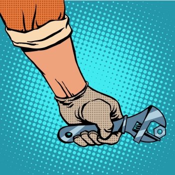Hand and working the wrench pop art retro style. Hand and working the wrench