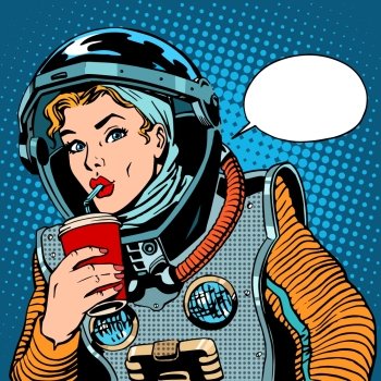 Female astronaut drinking soda pop art retro style. Female astronaut drinking soda