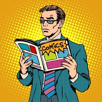 man reads comic book pop art retro style. Adult businessman with glasses opened the magazine illustrations. A man stands. The concept of reading and the comic book store. man reads comic book