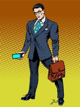 Stern businessman with a smartphone. Untied the laces on the Shoe. Super hero business concept. Stern businessman with smartphone