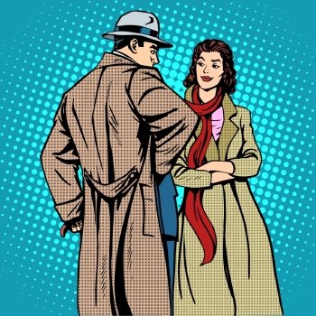 Couple man and woman autumn winter clothes pop art retro style. Couple man and woman autumn winter clothes