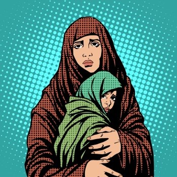 Mother and child refugees foreigners immigrants pop art retro style. Humanitarian and social issues. War and poverty. Mother and child refugees foreigners immigrants