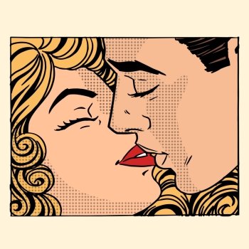Retro kiss man and woman love couple pop art style. Retro kiss man and woman love couple